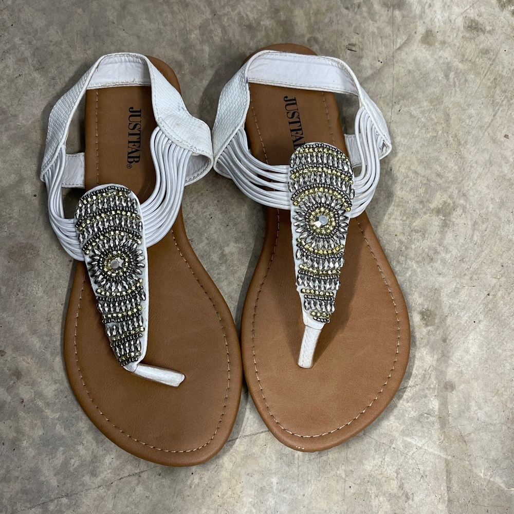White sandals with silver and gold accent beads